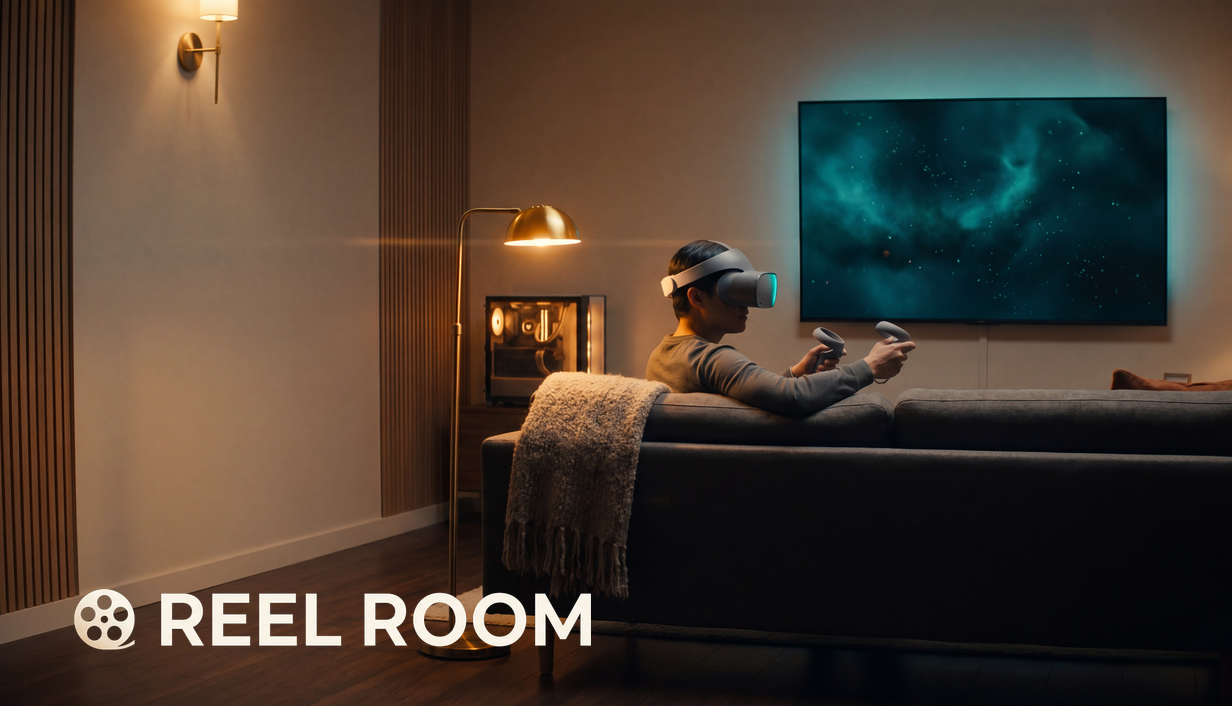 A viewer relaxing in a VR home theatre with a PC glowing beside the couch