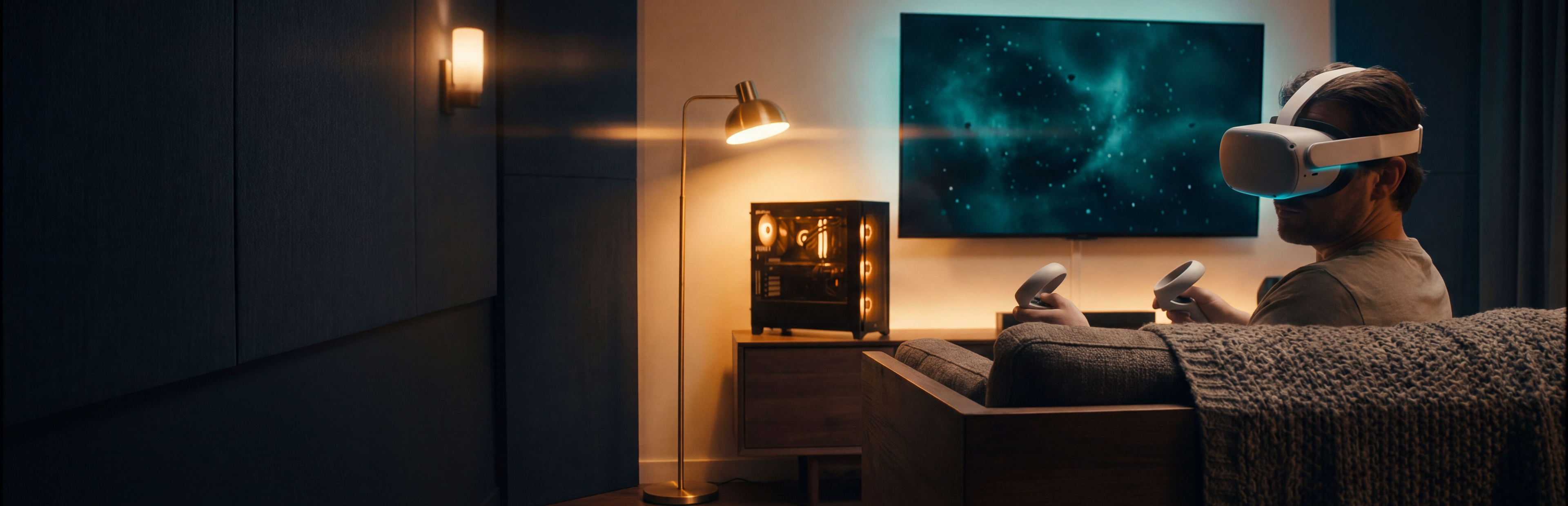 Wide view of the Reel Room VR theatre with a cinematic frame on the big screen